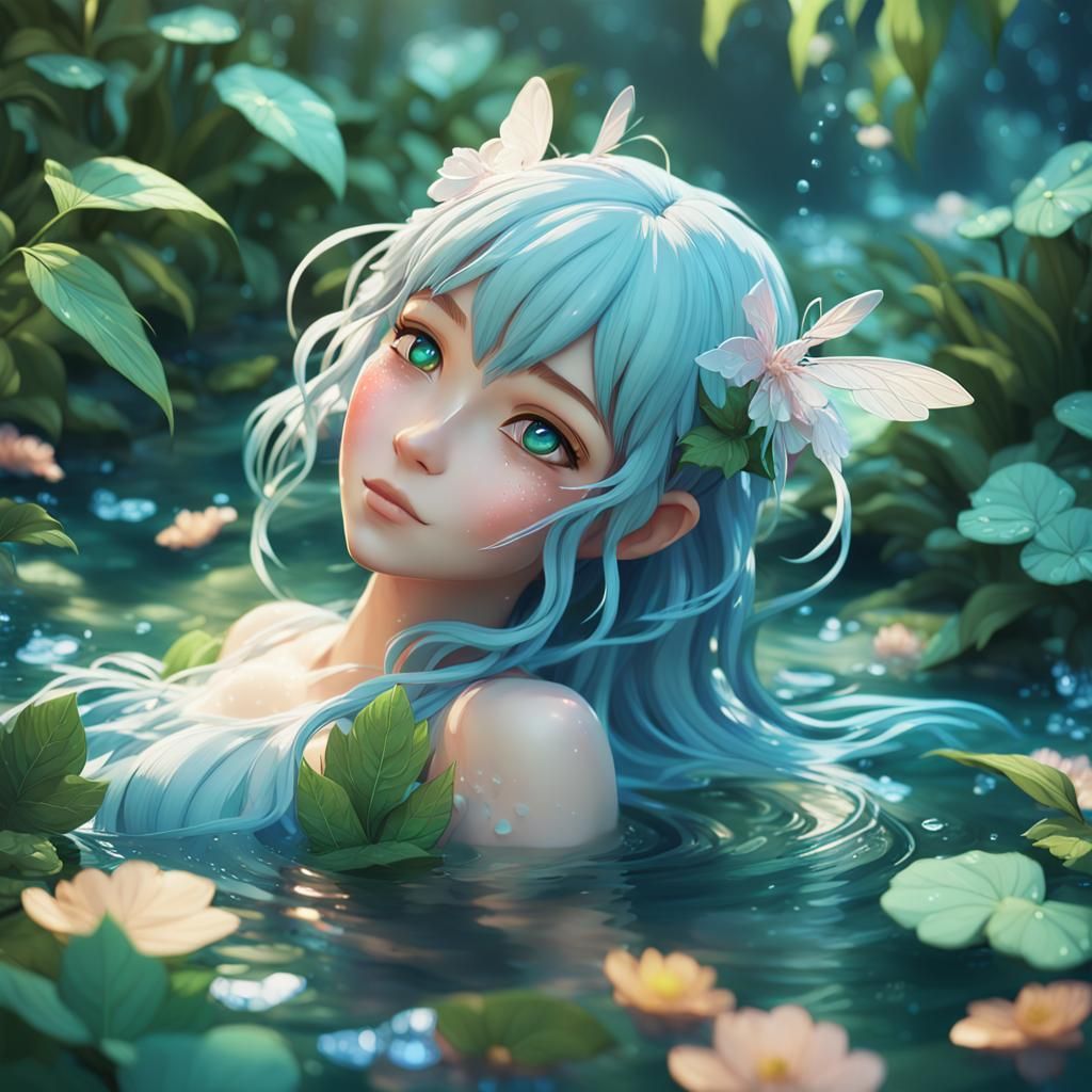 Anime Nymph Portrait in Lush Greenery