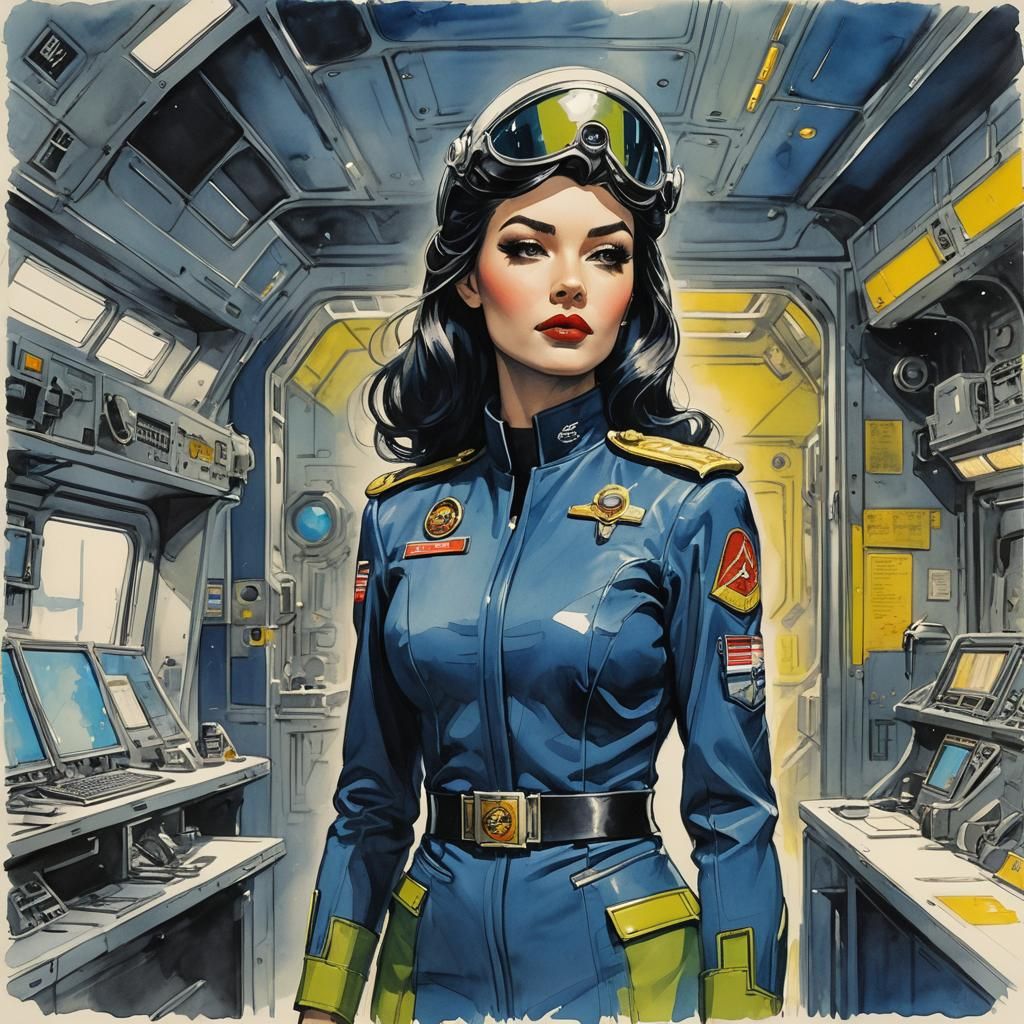 Retro-Futuristic Femme Fatale in Space Station Art