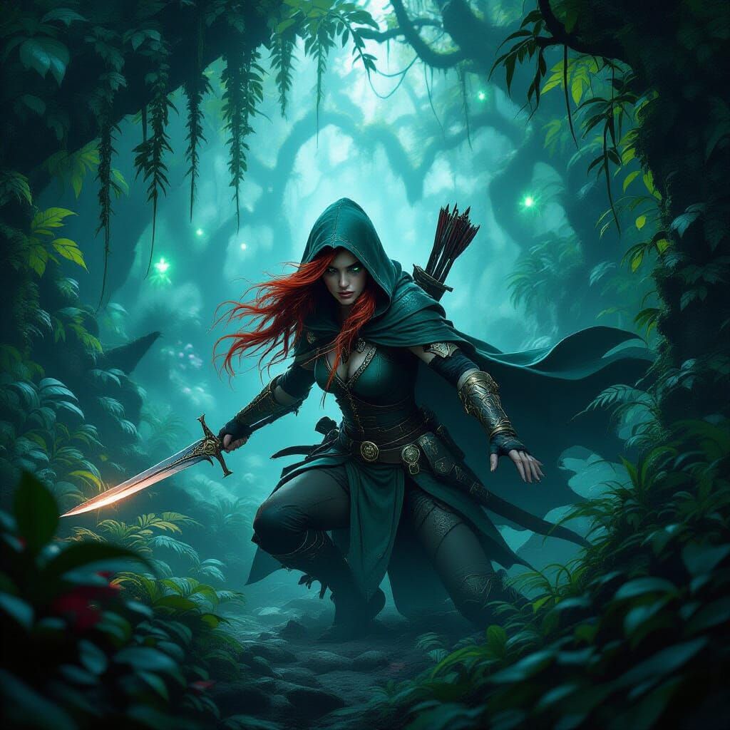Elven Rogue in Bioluminescent Jungle, Dark Fantasy Art