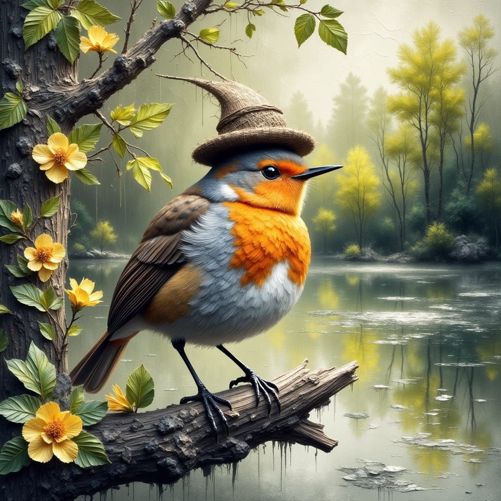 Robin in Tiny Hat: Charcoal Drawing