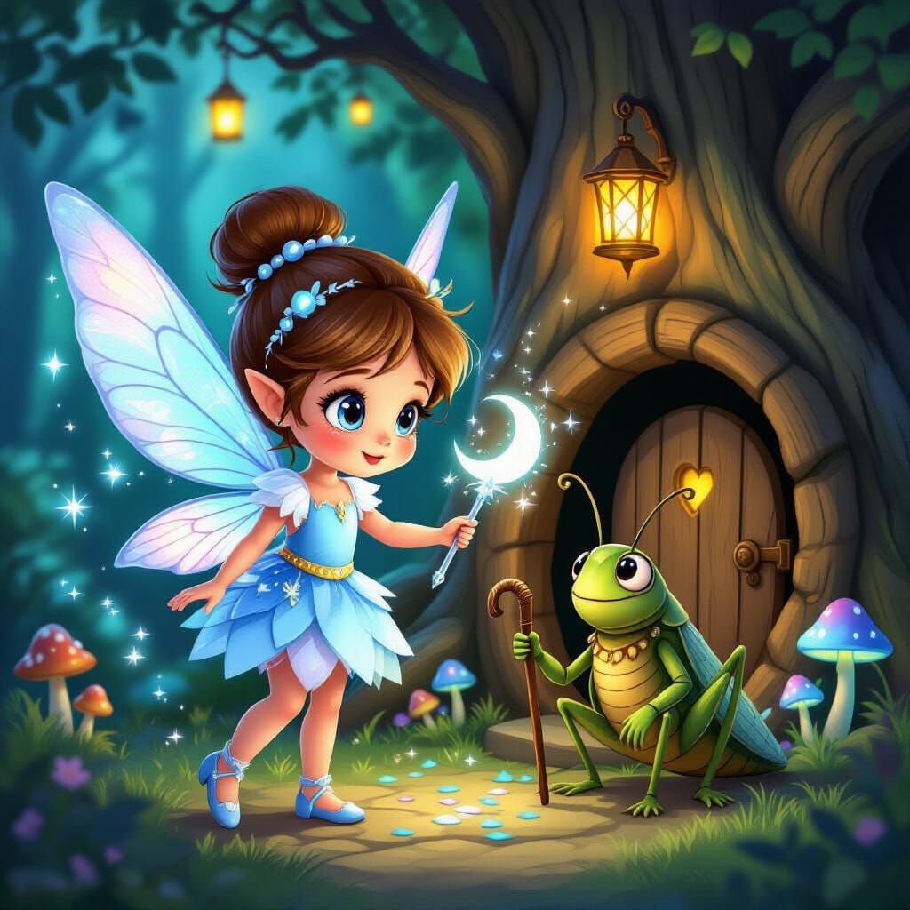 Tiny Fairy Belly Casts Lunar Spell on Surprised Grasshopper