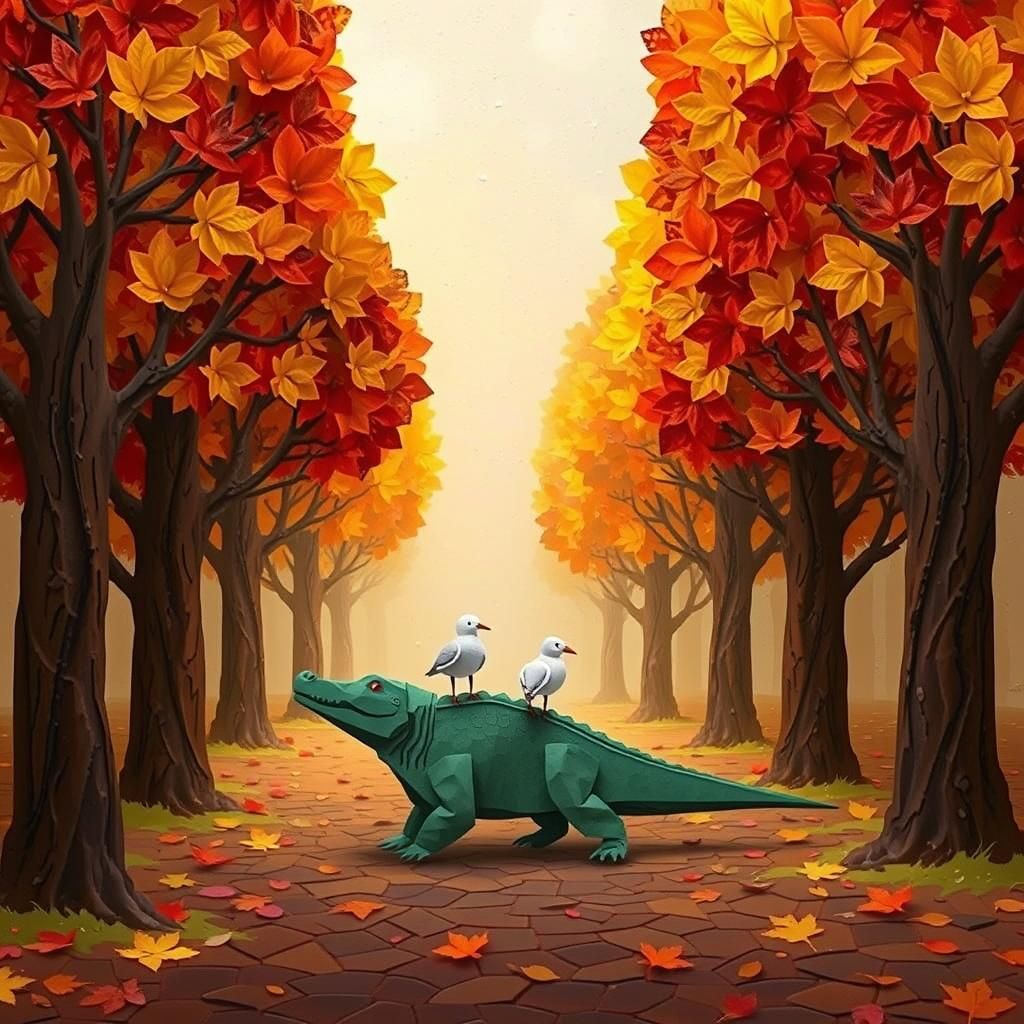 Origami Crocodile's Autumn Walk: A Paper Quilling Scene