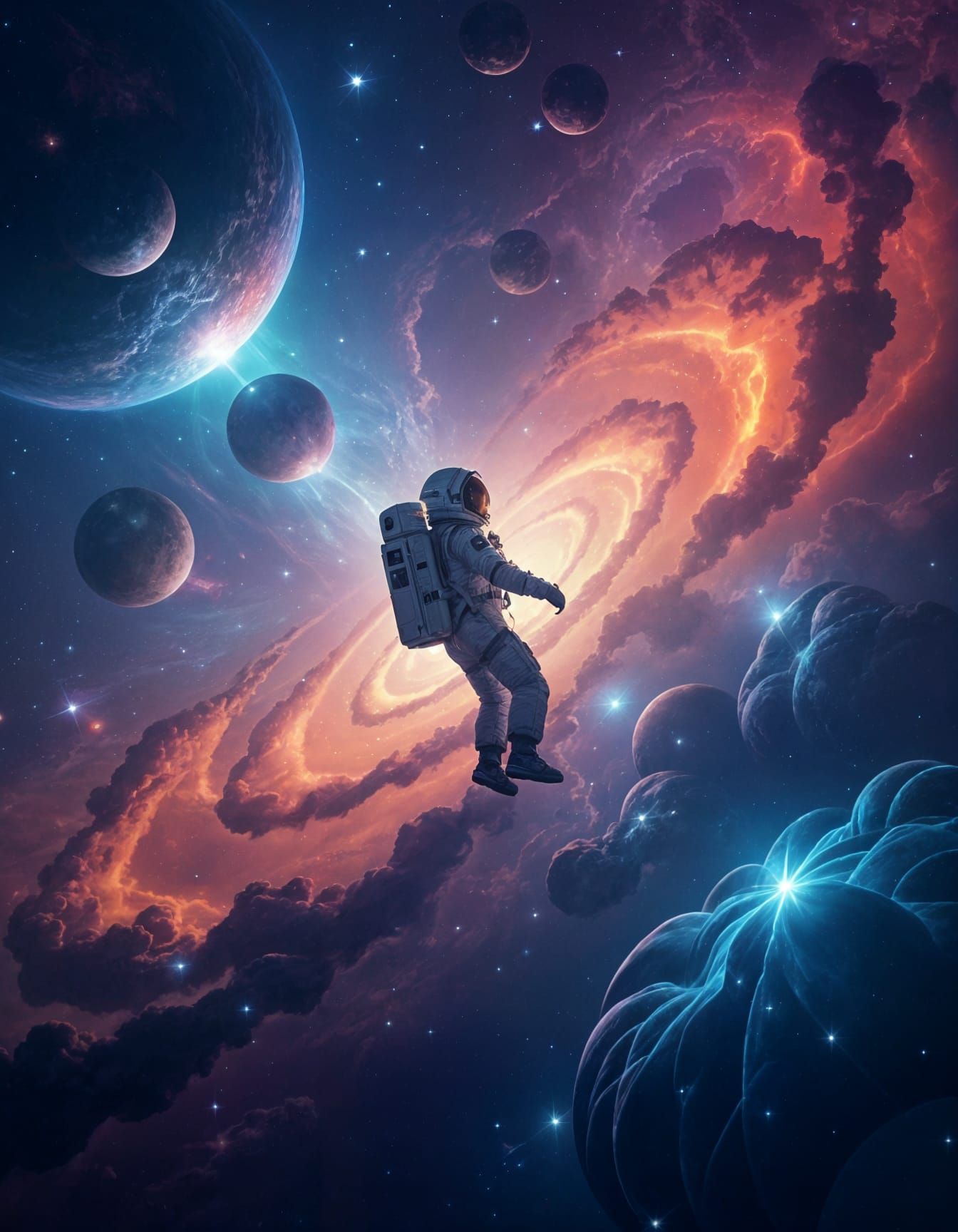 Astronaut in Nebula with Luminous Alien Flora