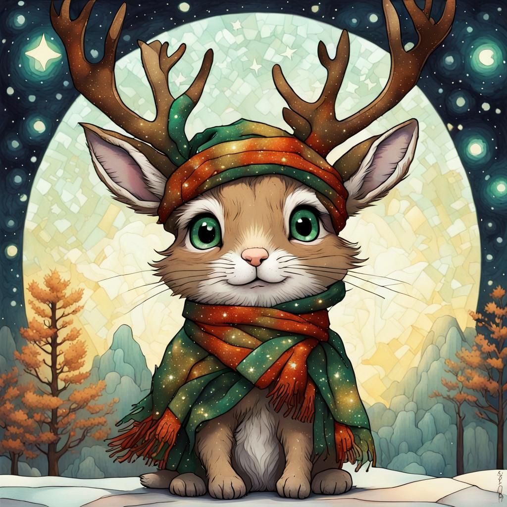 an adorable chibi rabbit dressed up as reindeer wearing a woolen scarf, dark starry night, intricately detailed green ey...