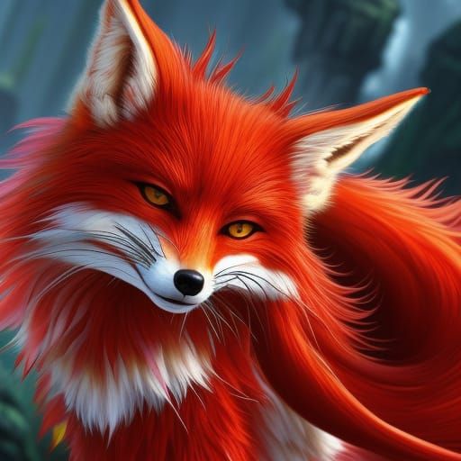 Red Nine-Tailed Fox Digital Illustration in Ghibli Style