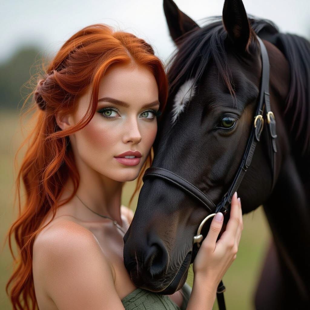Amazon Woman With Red Hair And Green Eyes With Black Horse
