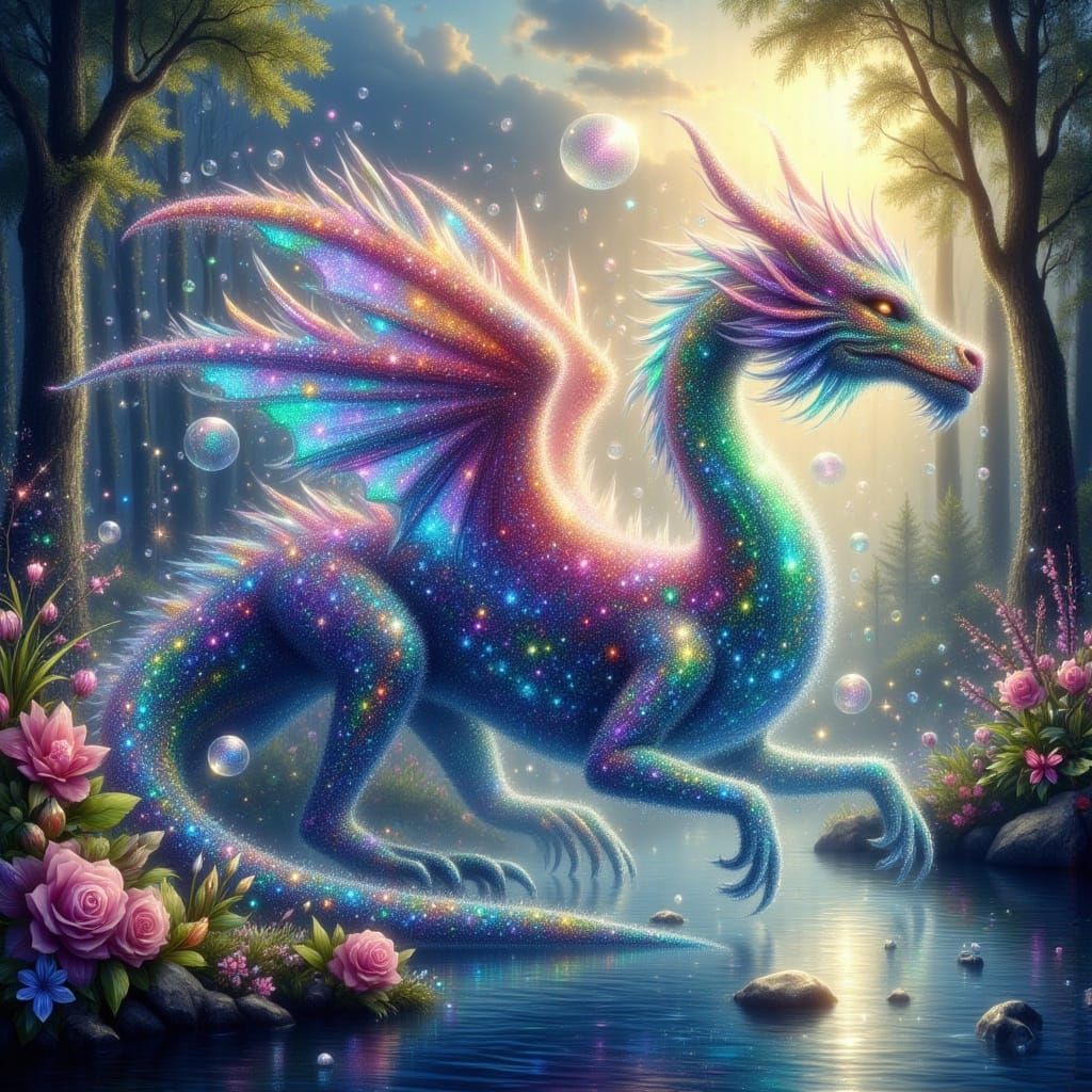 Soap Bubble Dragon in Ethereal Forest Landscape