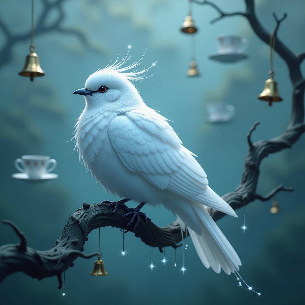 Ethereal Silver-Wire Bird in Dreamlike Void