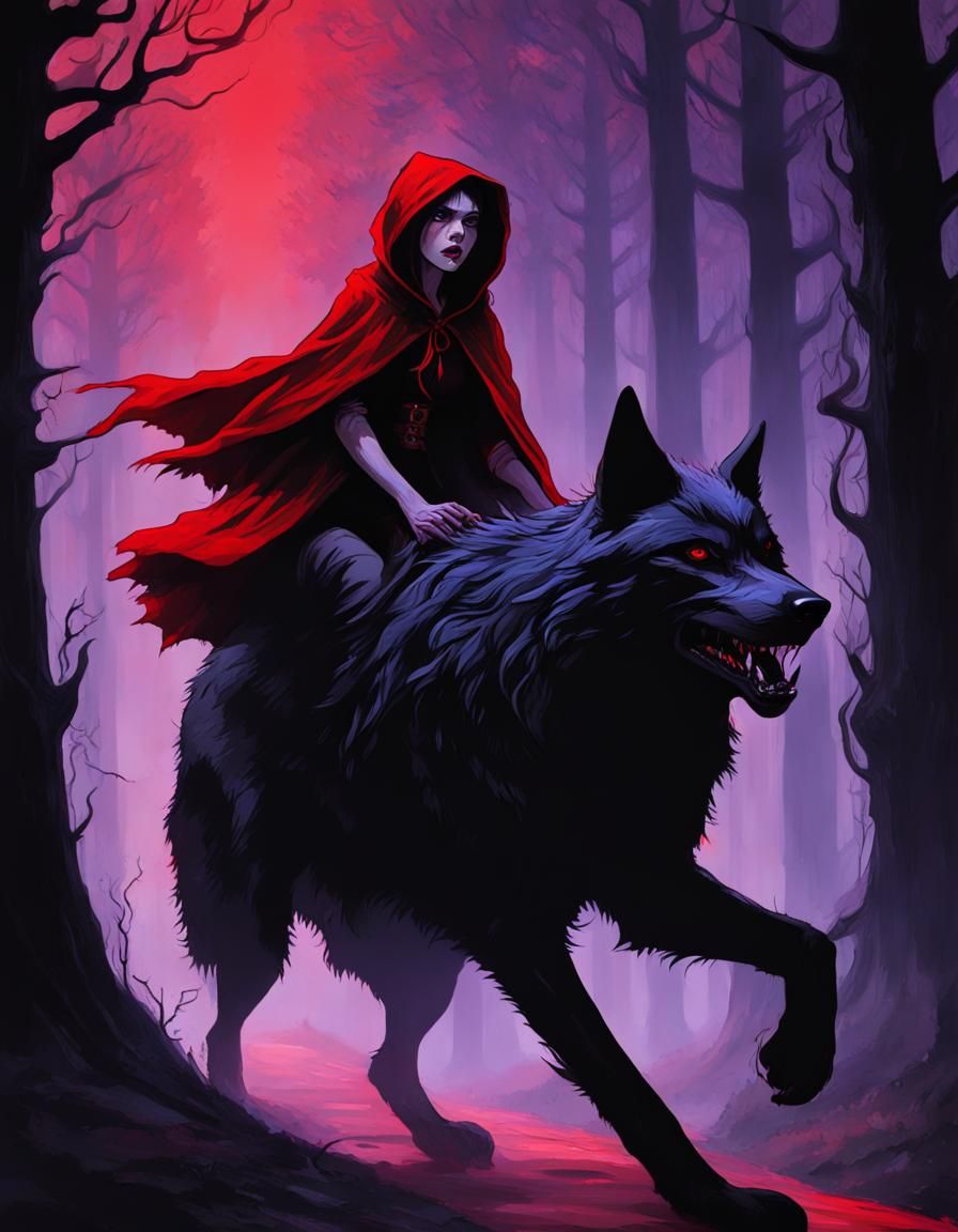 Evil Red Riding Hood on Wolf in Gothic Fairytale