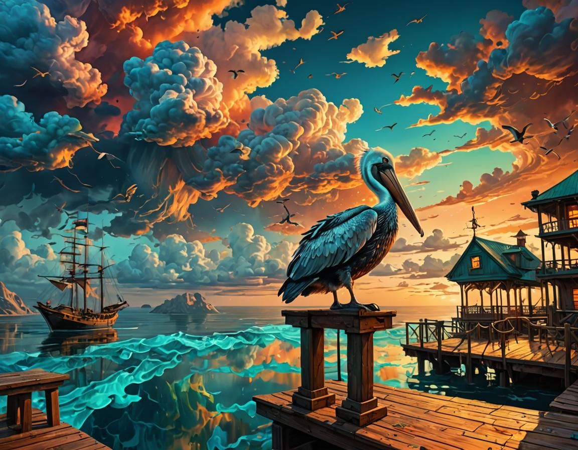Pelican on Dock Under Mammatus Clouds in Surreal Ink