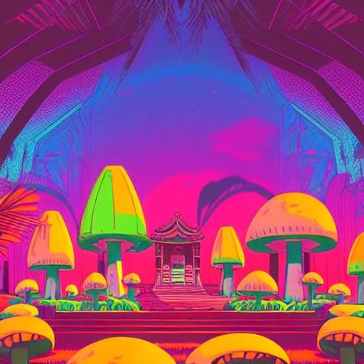 Abandoned Temple in Giant Mushroom Jungle: Synthwave Digital...
