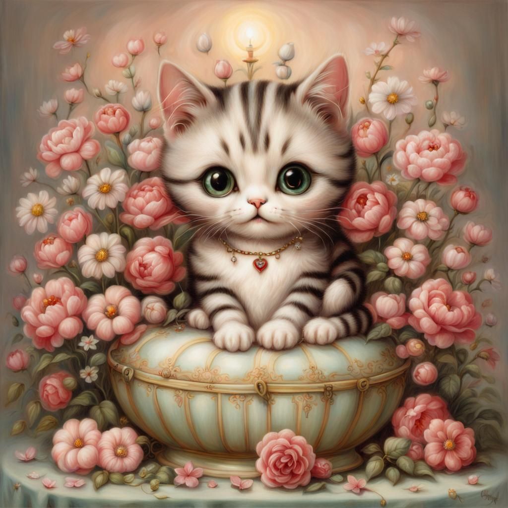 Cute Cat Surrounded by Flowers in Pop Surrealism Style