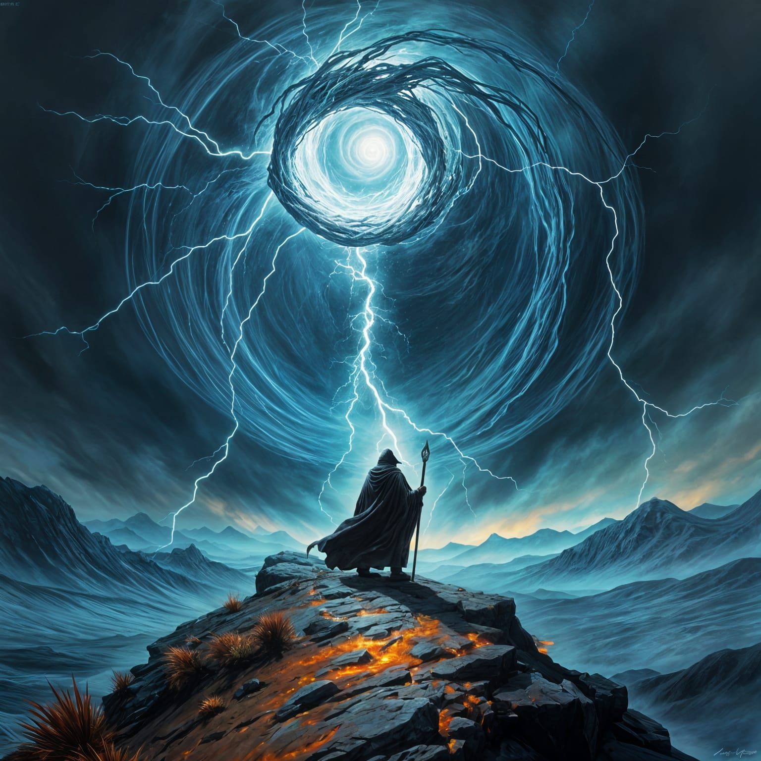 Mage Confronts Arcane Vortex in Dark Fantasy Art