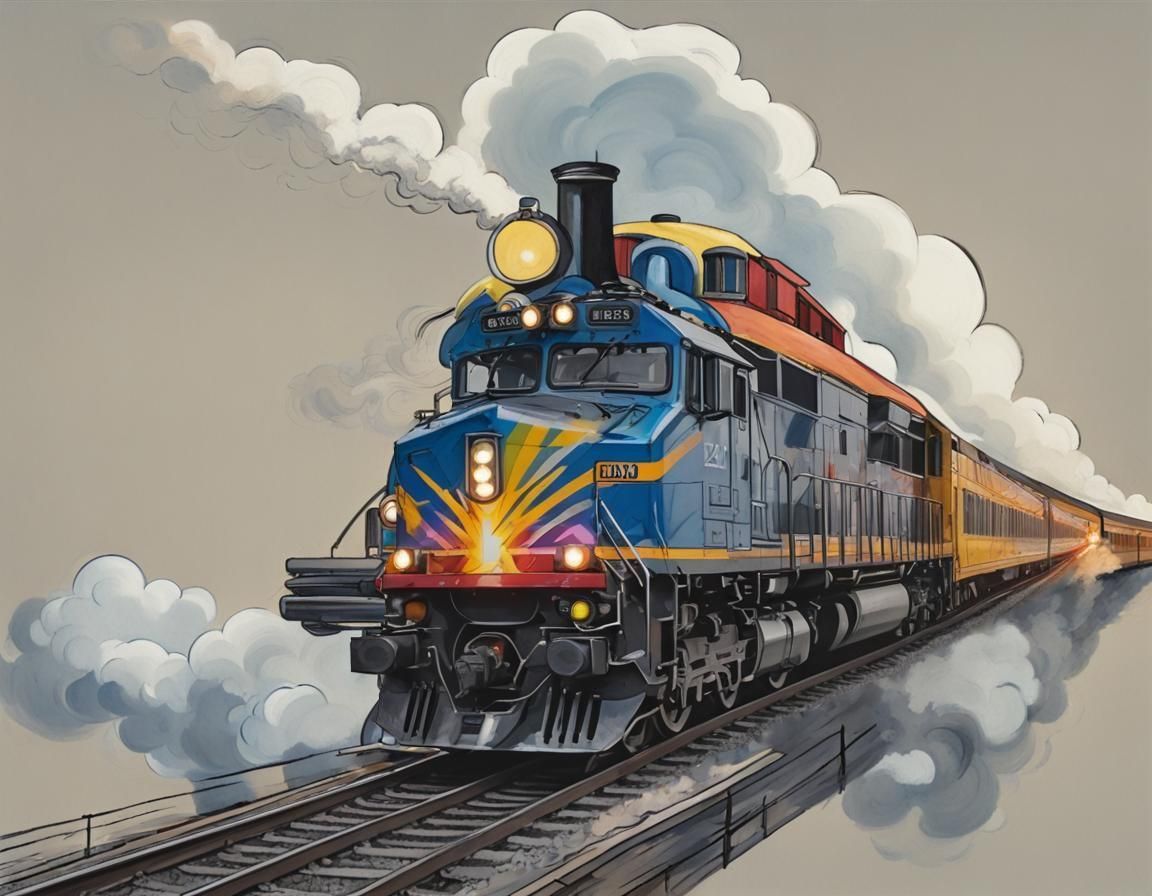 Flying Train Cartoon in Gouache Colors