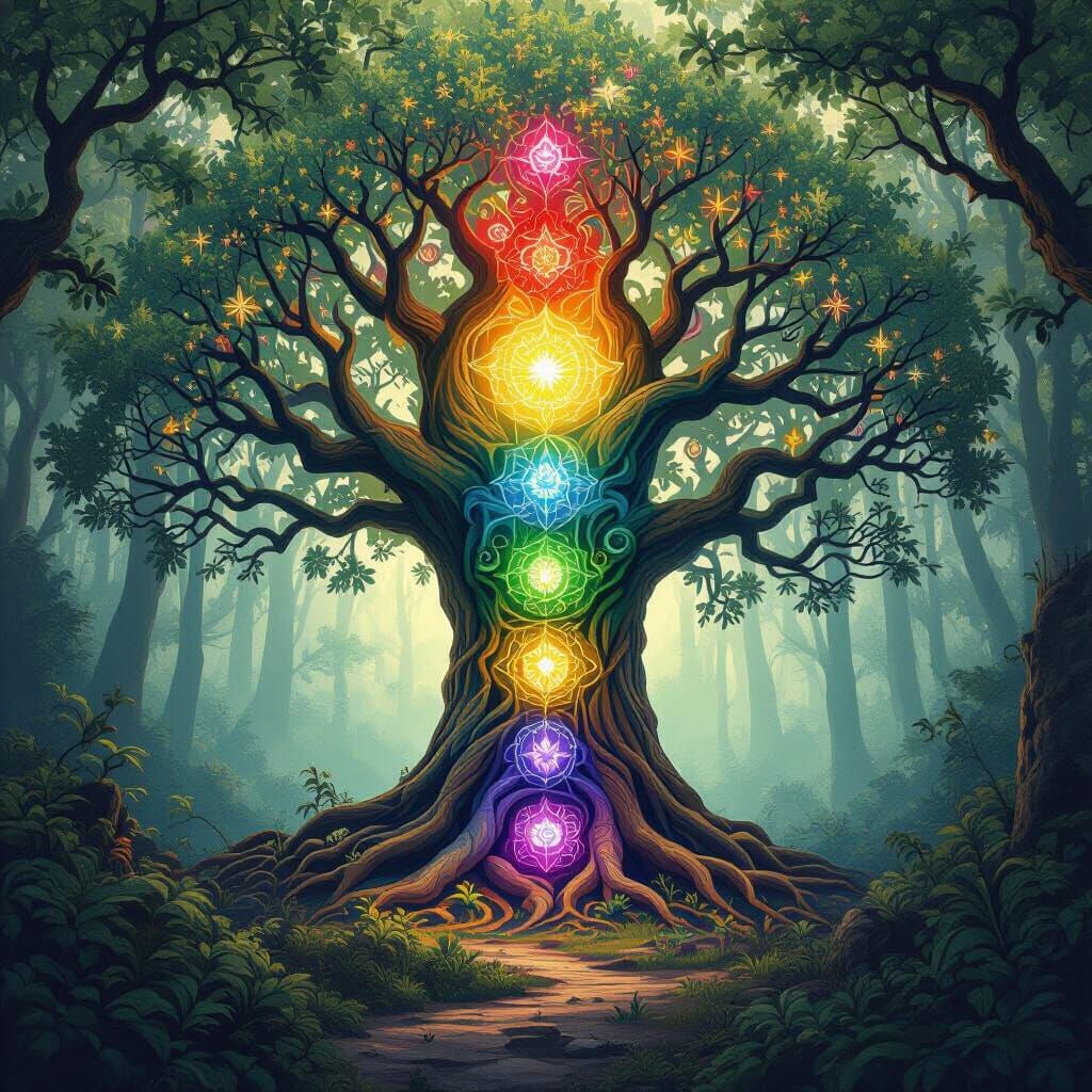 Tree of Life with Chakras in Ethereal Forest