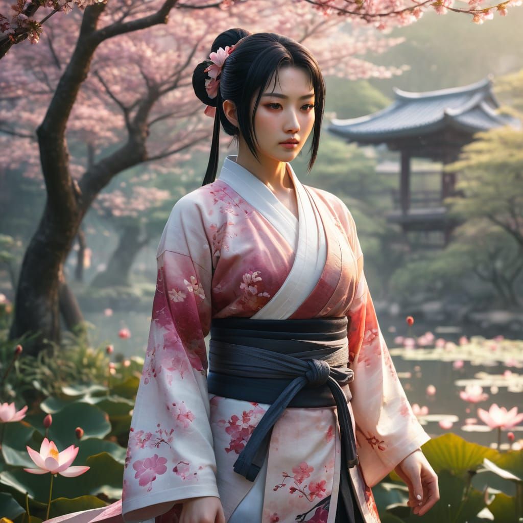 Serene Lotus Kunoichi in Watercolor Anime Art