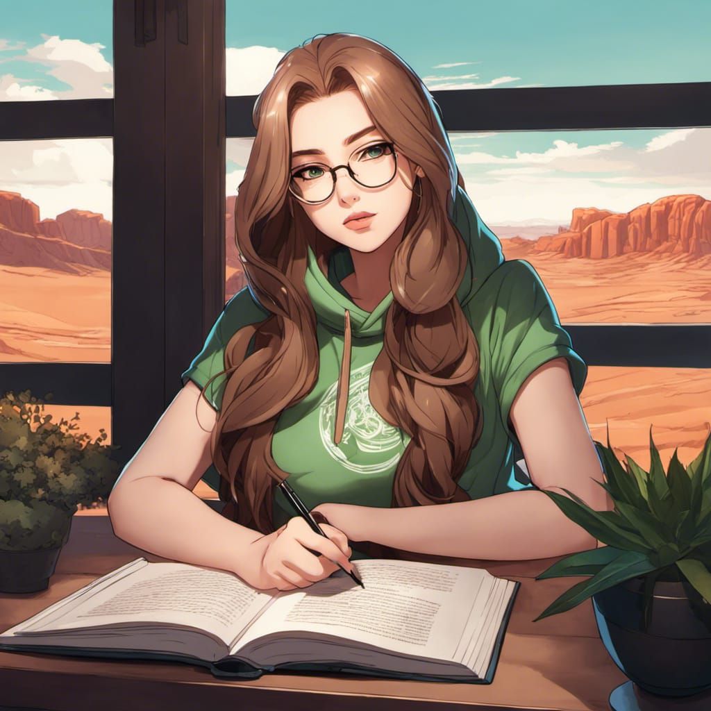 Eurasian Woman in Green Hoodie, Manga Art
