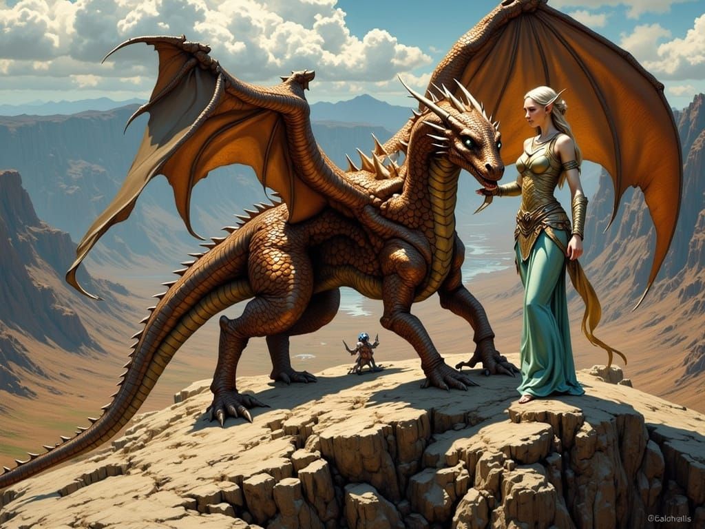 Elven Dragon Rider and Copper Dragon in Fantasy Art