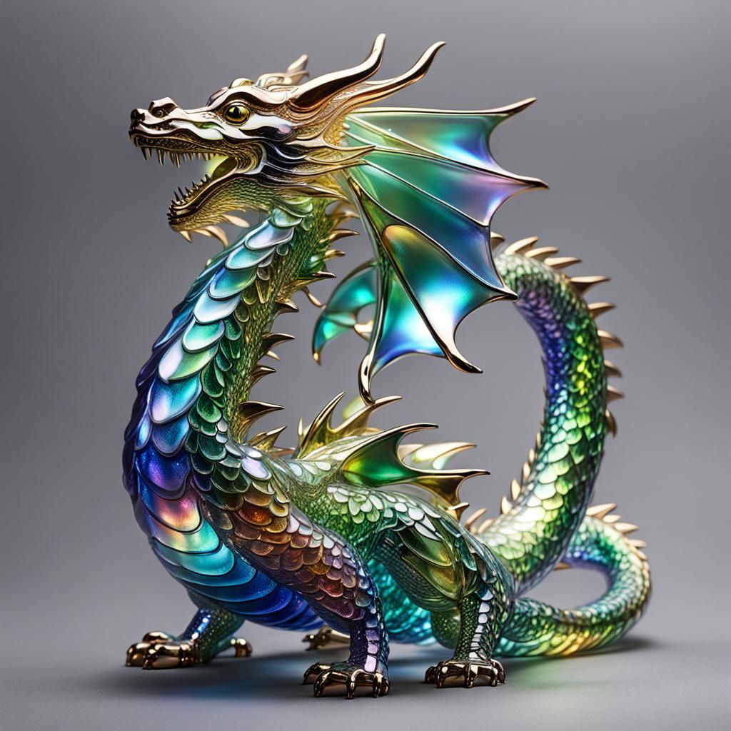 Iridescent Glass Dragon Model, Sparkling and Gleaming