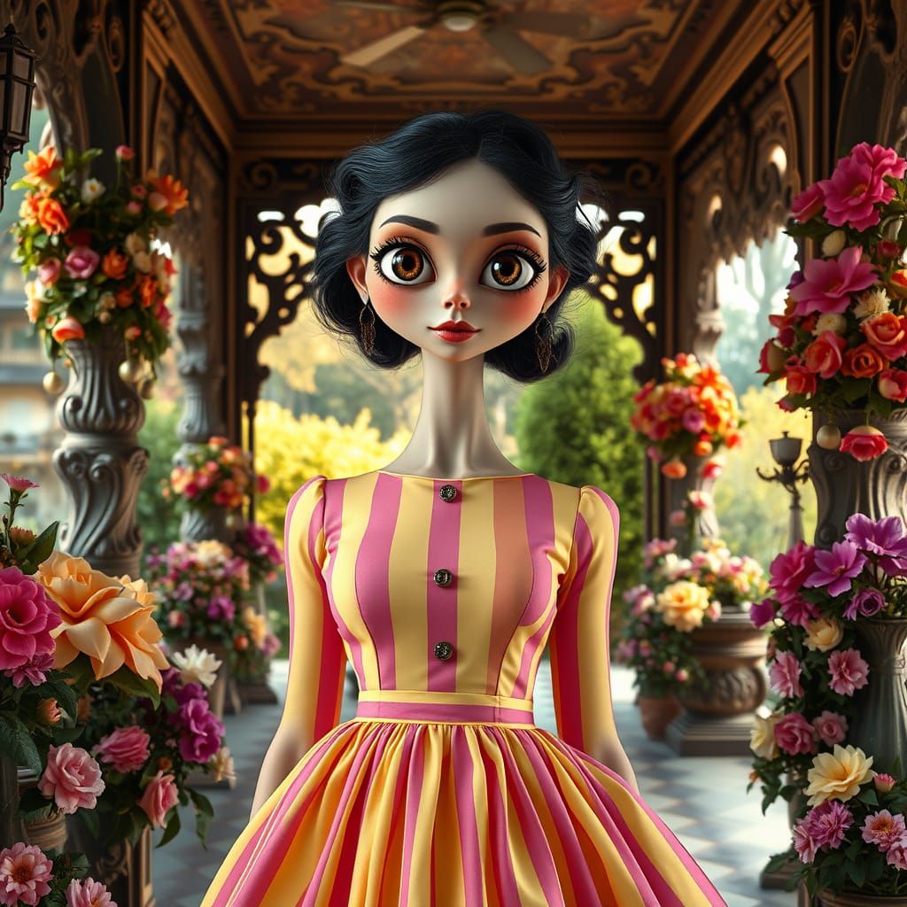 Gothic Whimsy: Enchanting Woman in Pink Striped Dress