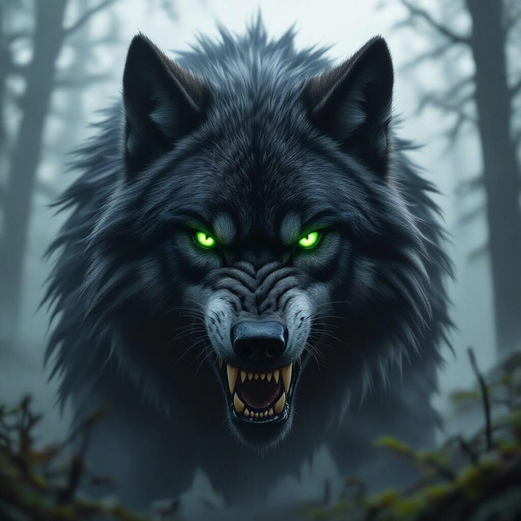 Massive Black Wolf with Green Eyes in Misty Forest