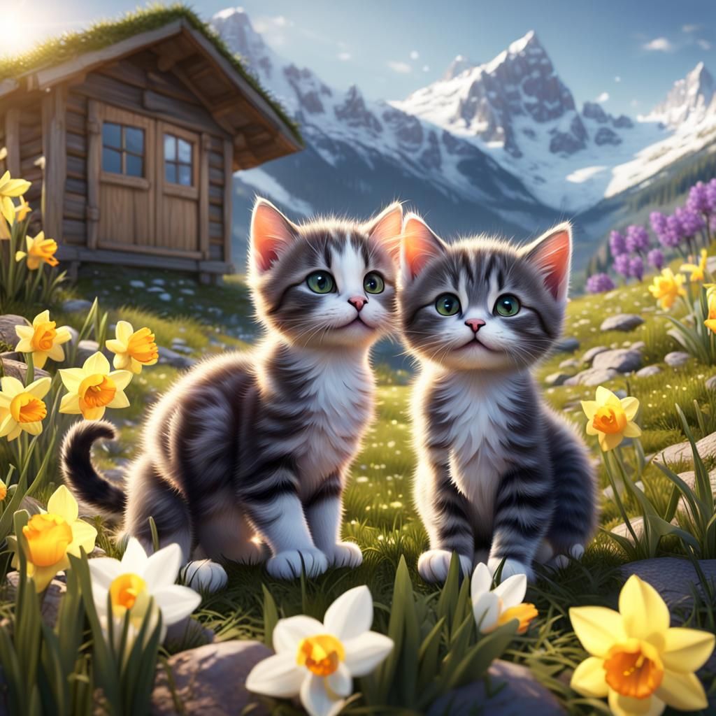 Cute Kittens in Spring Meadow: Photorealistic Concept Art