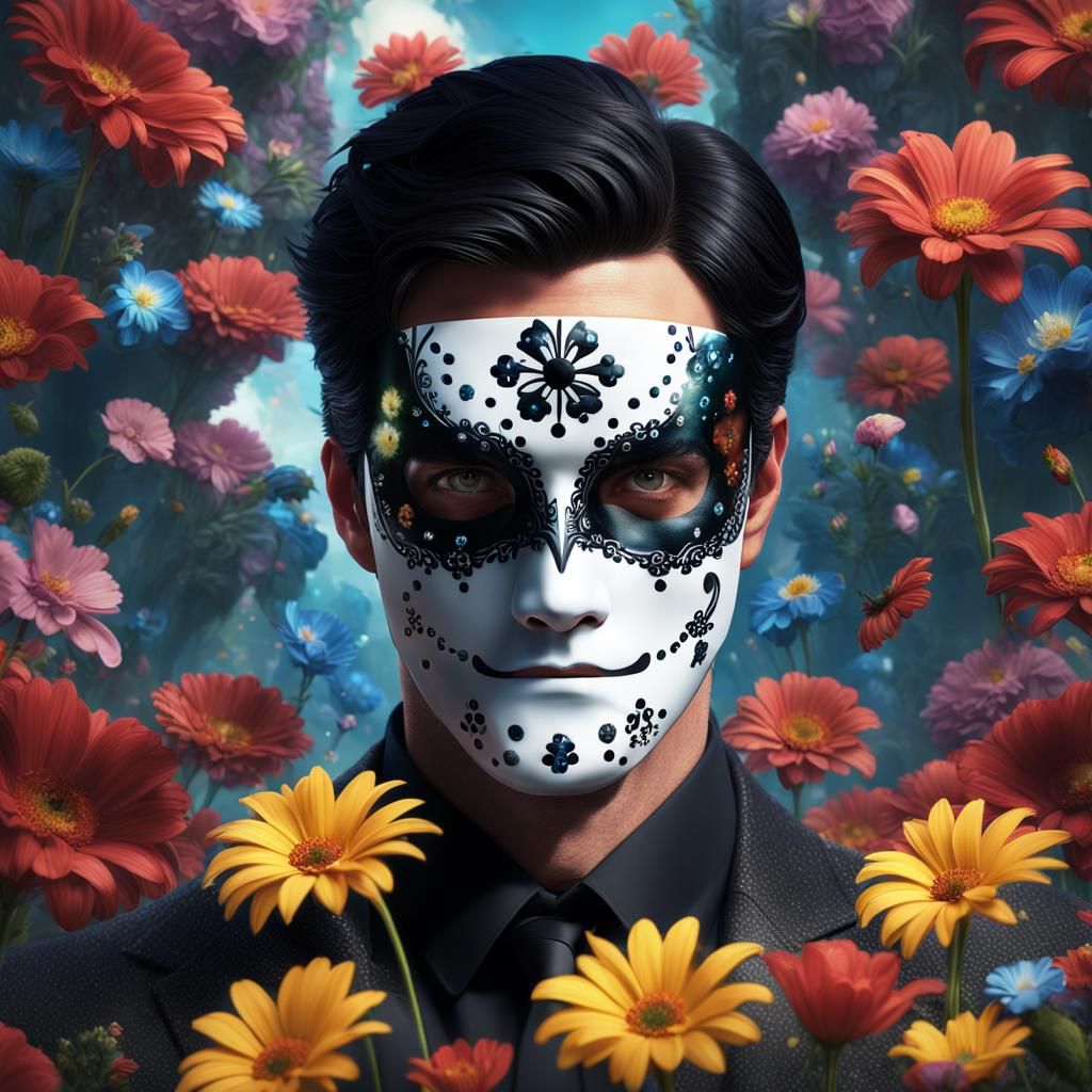 Handsome man with black hair wearing a domino mask across hi...