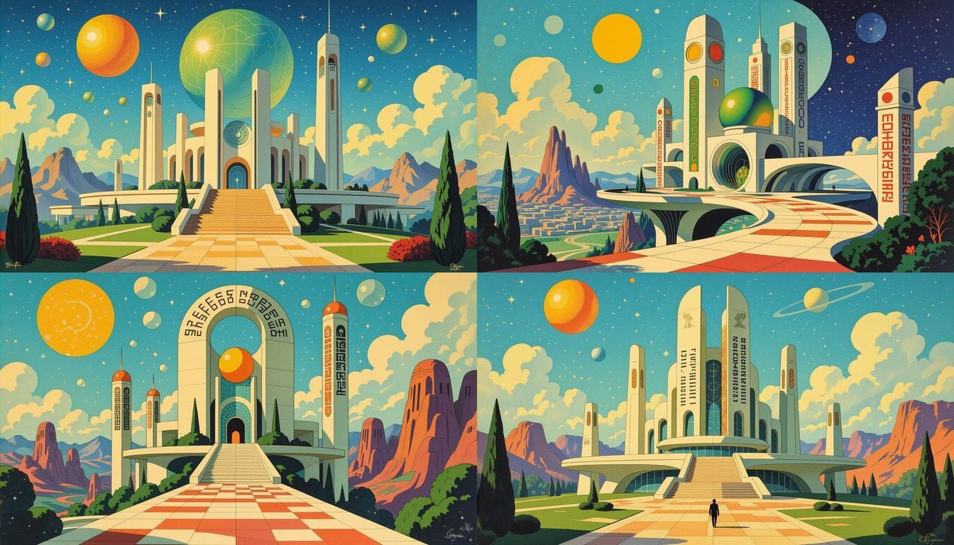 Surreal Sci-Fi Poster Art with Alien Inscriptions