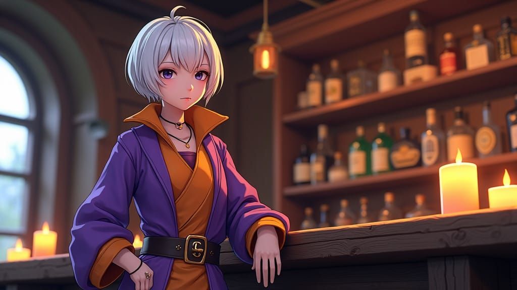 Androgynous Tavern Keeper in Vibrant Anime-Inspired Fantasy