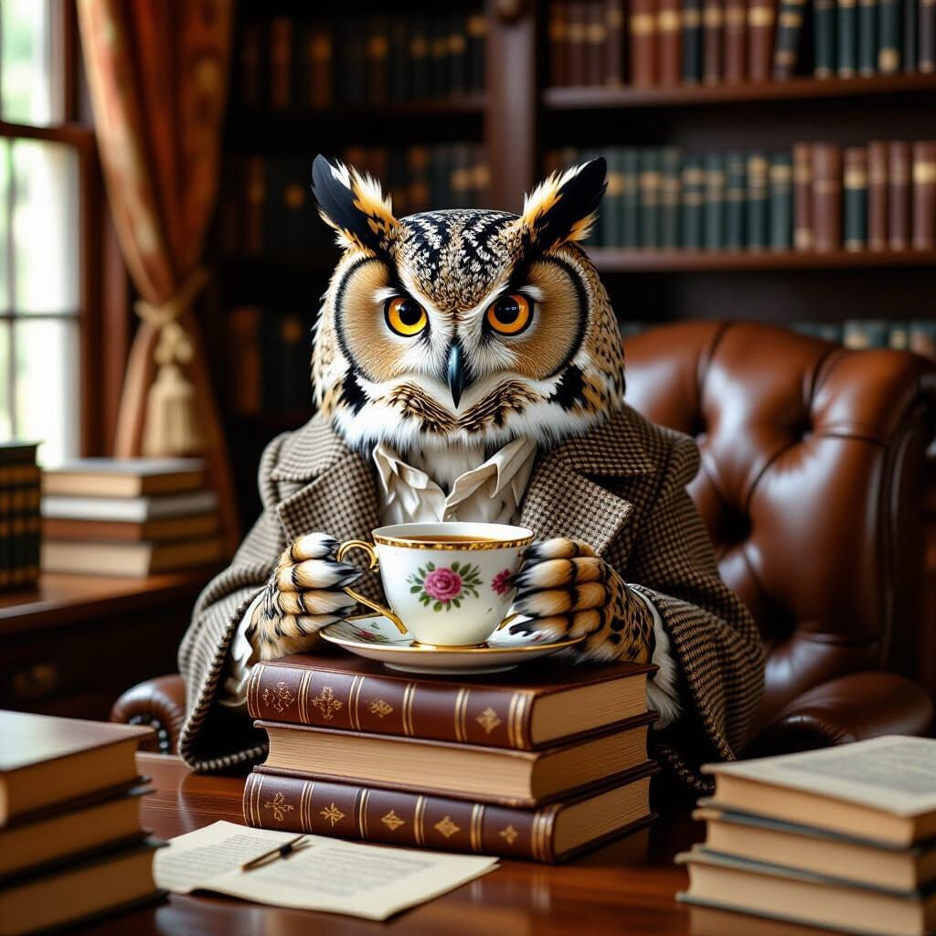 A Wise Owl Sipping Tea in Cozy Study