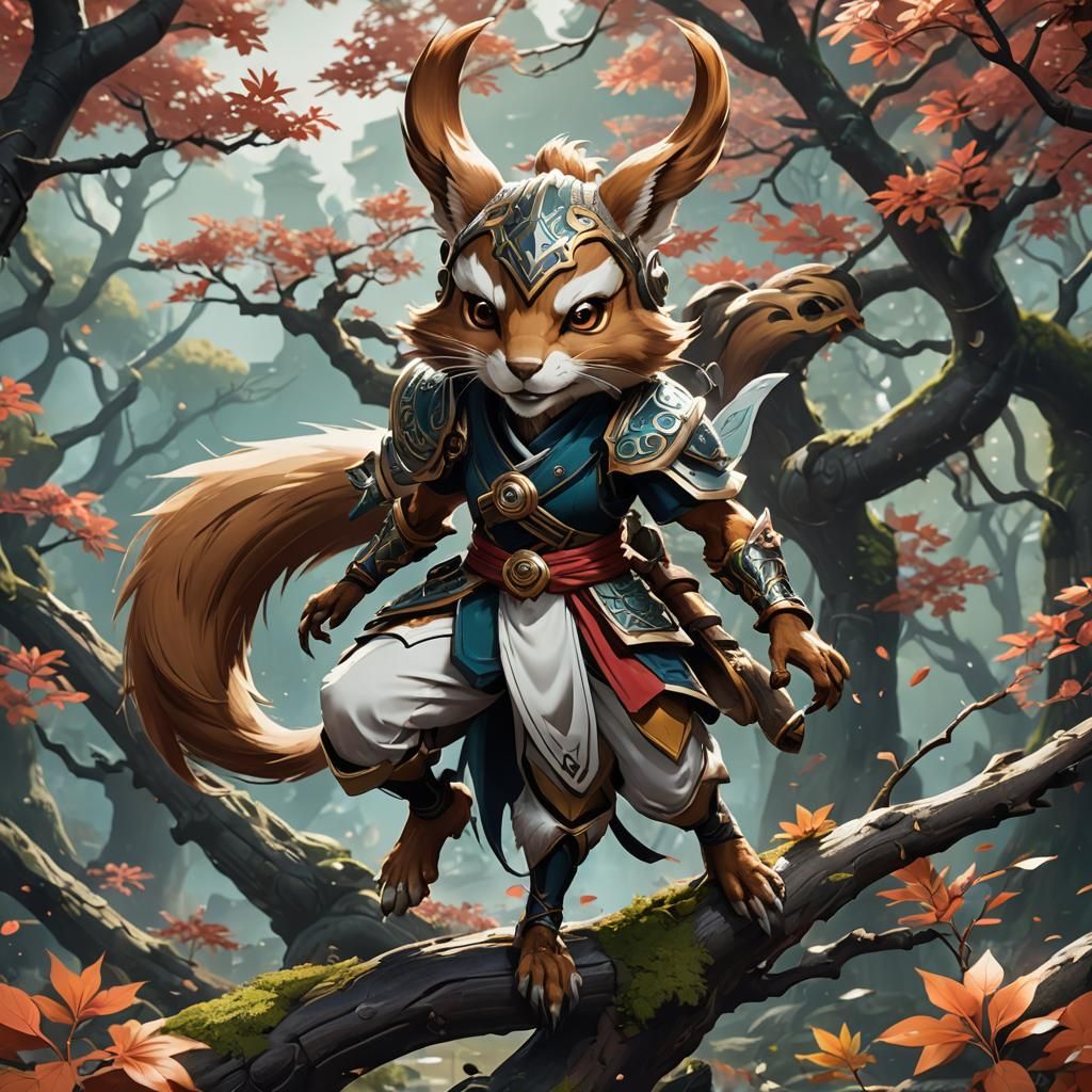 Akali as Squirrel: Fantasy Concept Art in Genshin Style