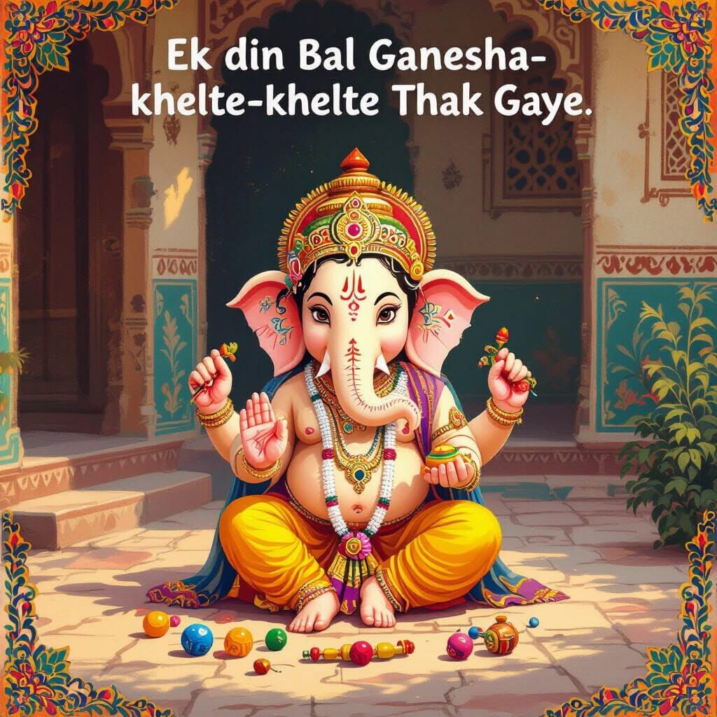 Bal Ganesha Plays in Courtyard, Madhubani Art Style