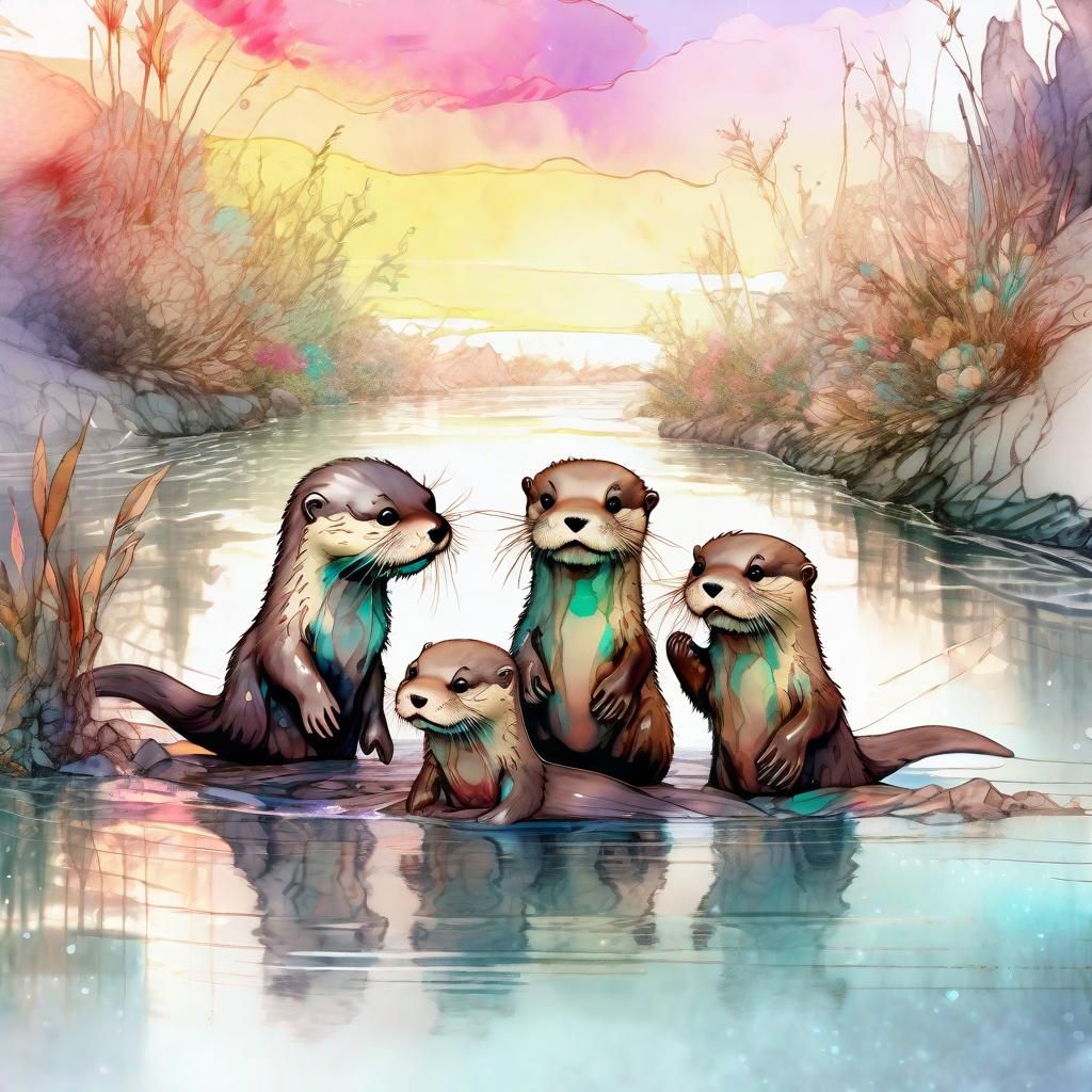 Chibi Otters Playing: Digital Watercolor River Scene