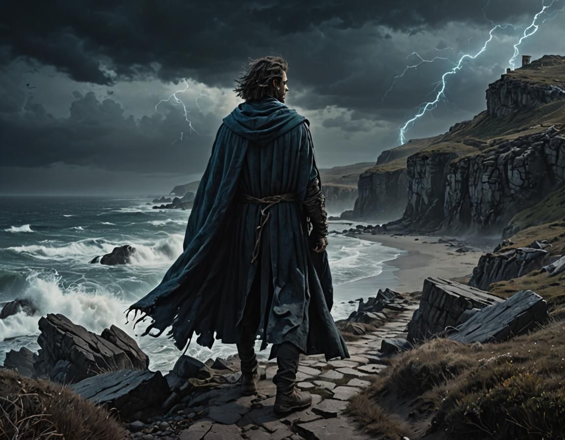 Young Sorcerer Casting Spell on Coastal Path