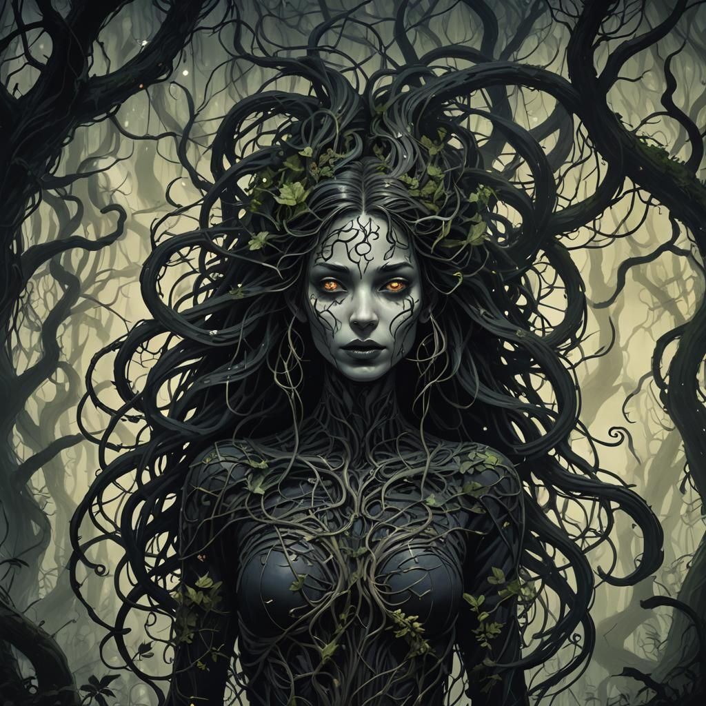 Eerie Dark Fantasy Dryad in Ink Wash Style