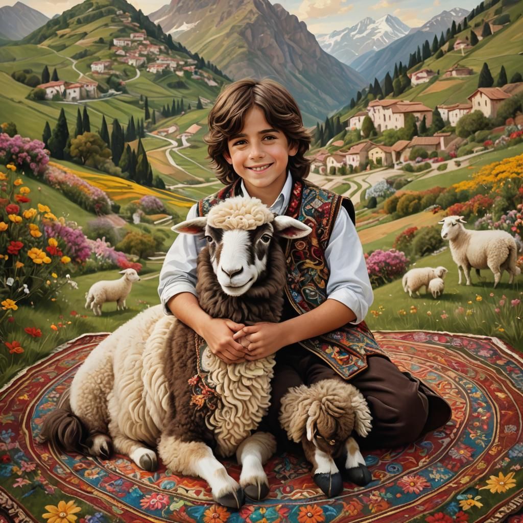 Children's Portrait with Sheep in Fantasy Style