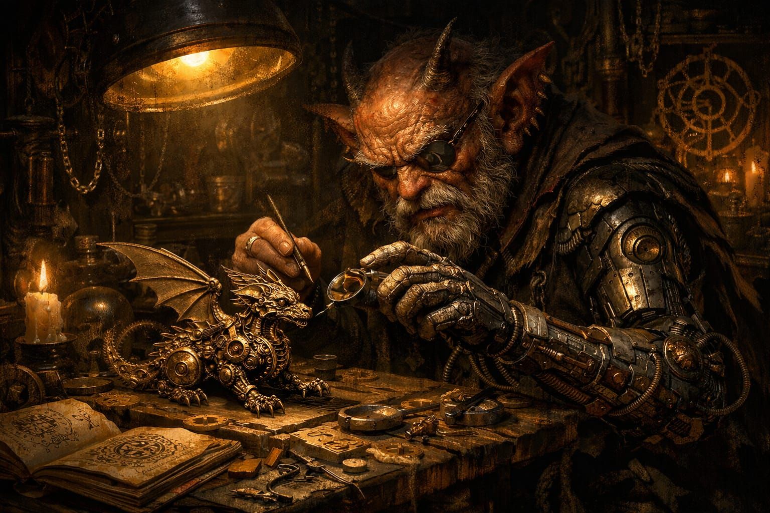 Cybernetic Imp Crafts Clockwork Dragon in Workshop