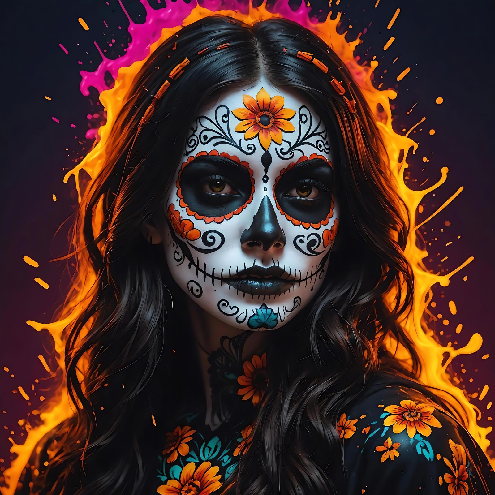 Day of the Dead Girl in Neon Splash Art