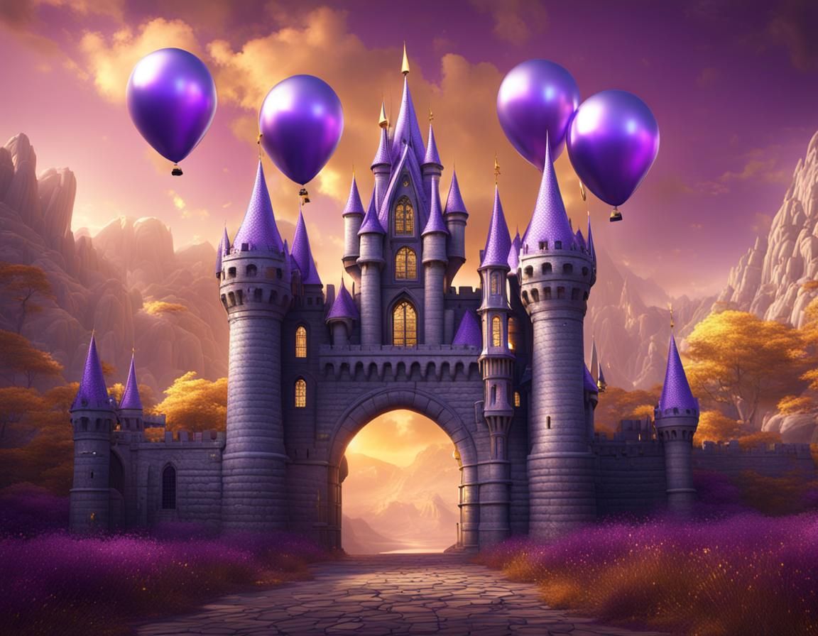 Purple, Gold, and Silver Balloon Arch Castle