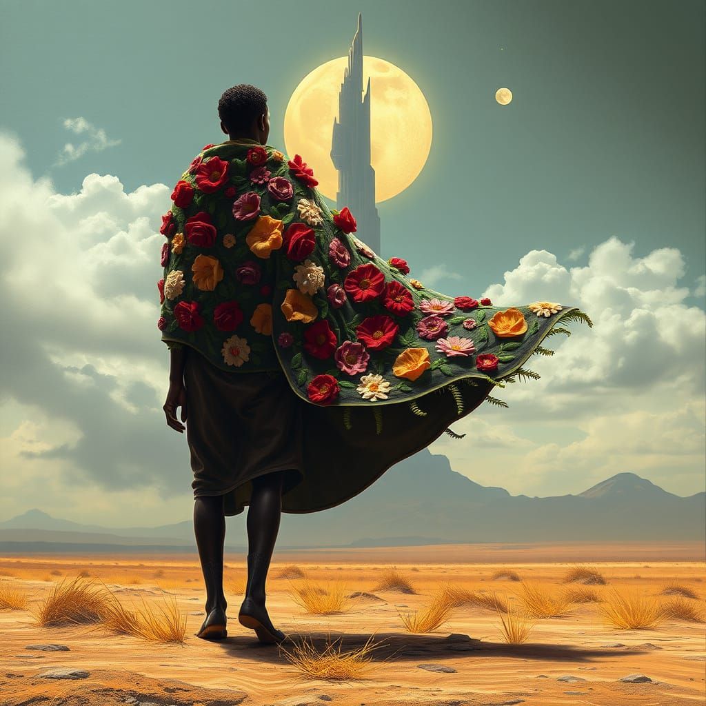 Figure on Windswept Plain in Afrofuturist Style