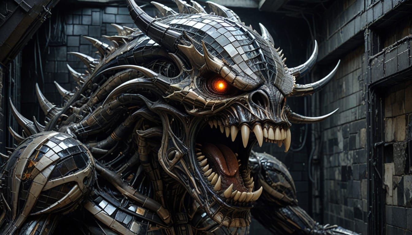 Cyberpunk Glass Mosaic of a Grotesque Biomechanical Monster