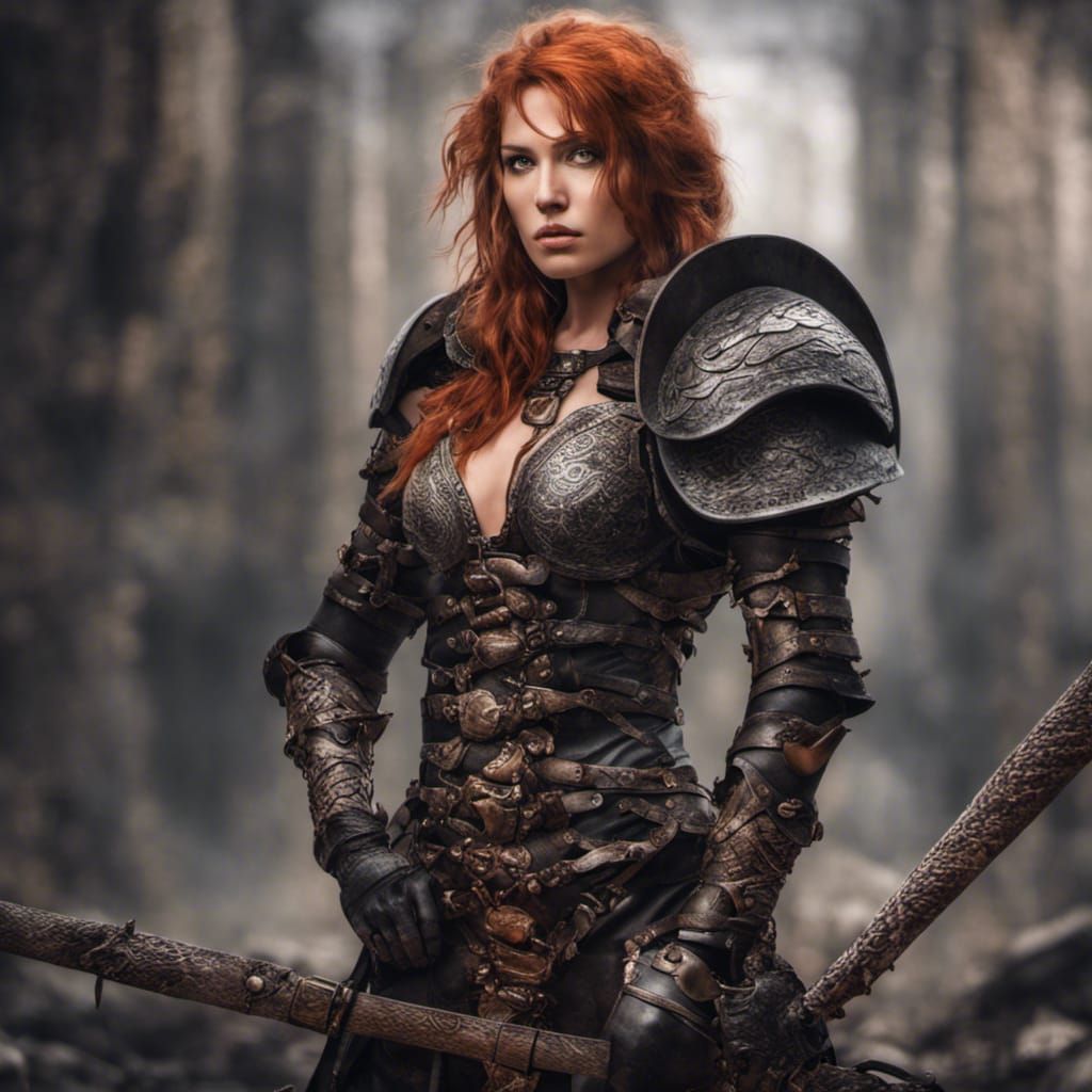 Auburn-Haired Warrior in Leather Armor, Hyperrealistic