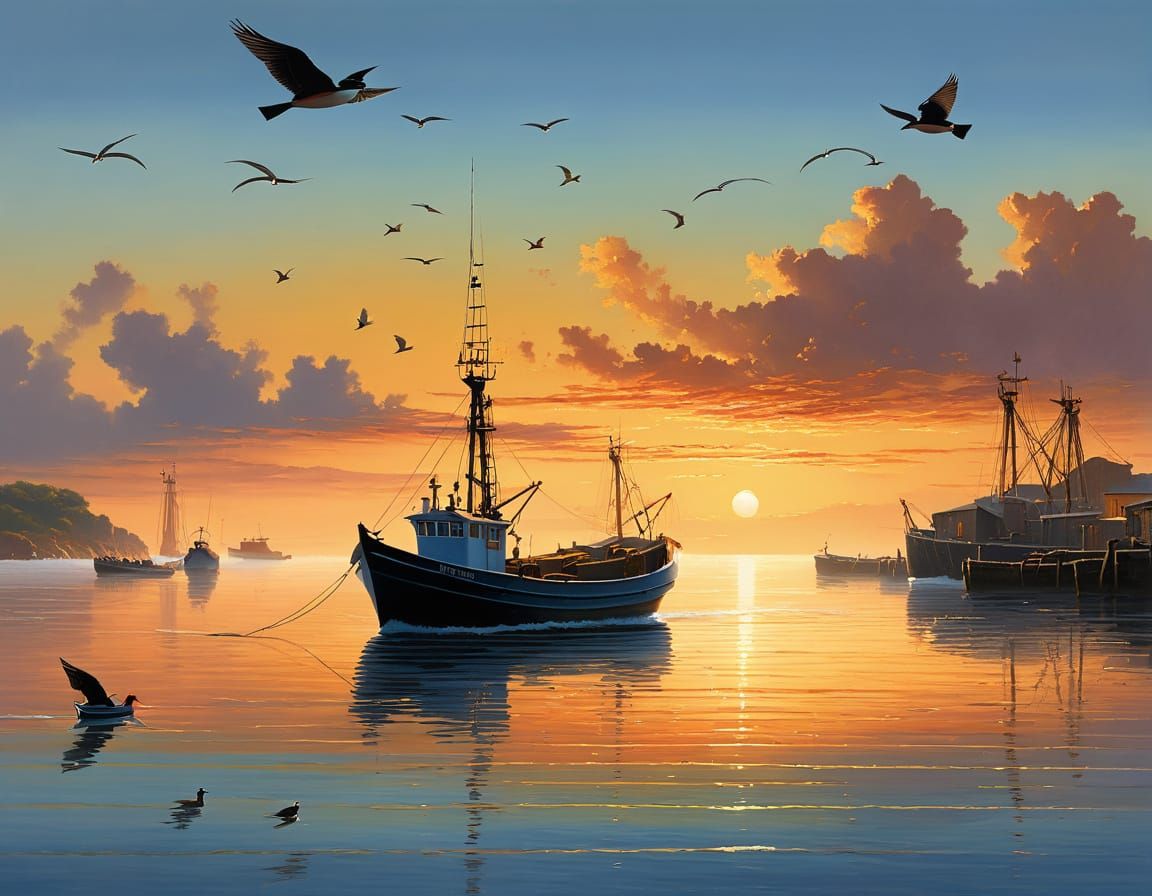 Fishing Boat Returns to Port at Dawn