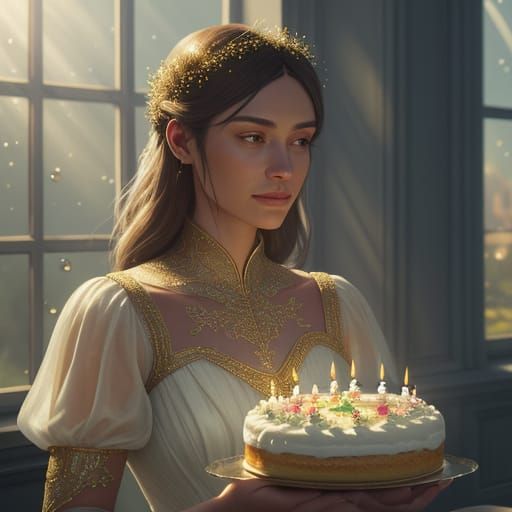 Beautiful Woman Holding Birthday Cake With Golden Hour Light...