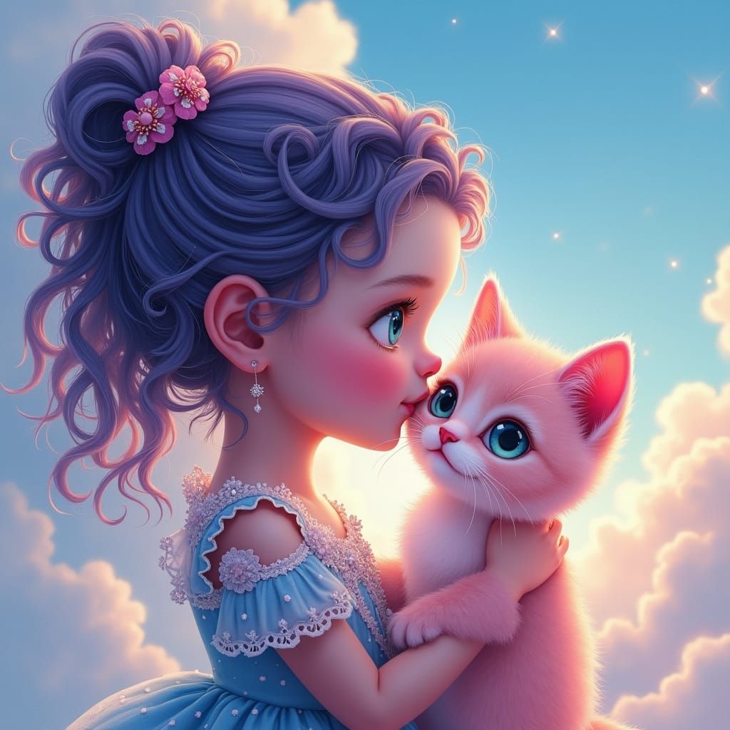 Girl Kisses Kitten in Hyper-Realistic Pop Art