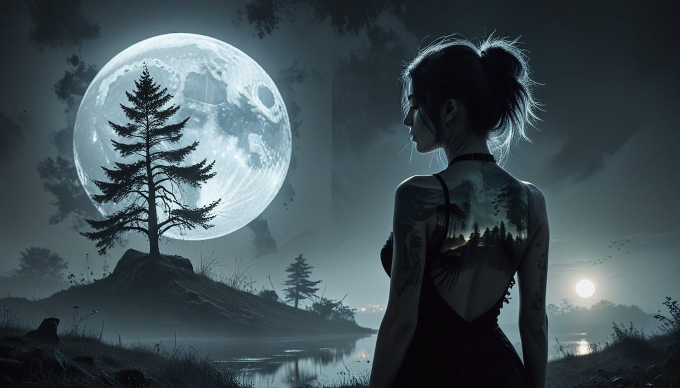 Eternal Goth Punk Goddess in Foggy Moonlit Landscape