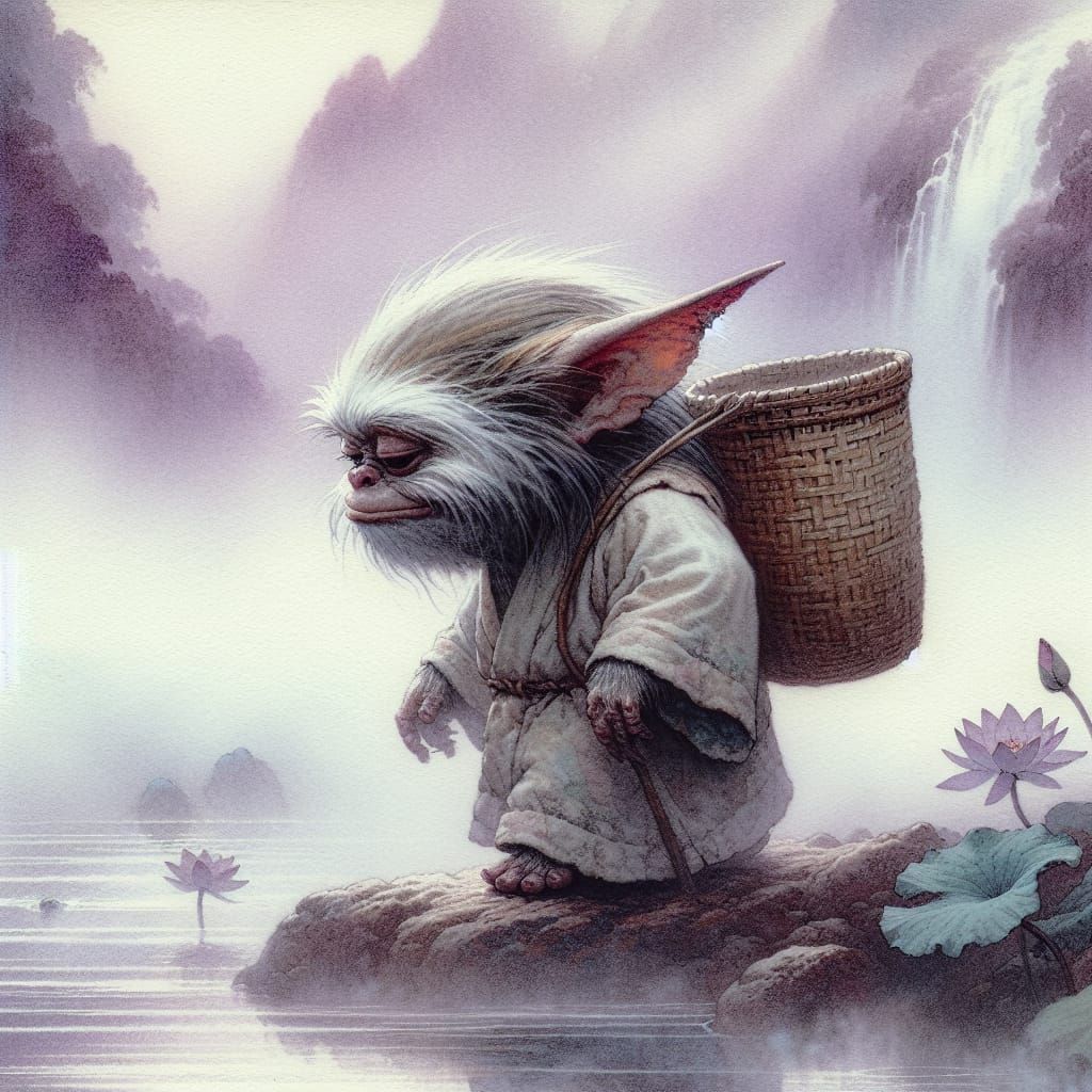 Gremlin Wades Through Misty Landscape in Ukiyo-e Style