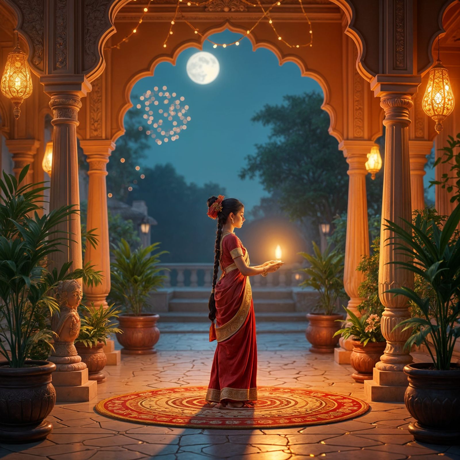 Girl with Lamp Celebrates Deepavali: Matte Painting