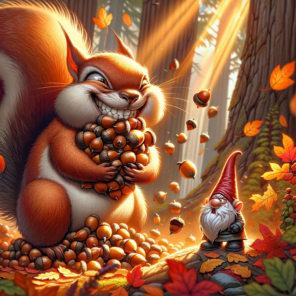 Mischievous Squirrel Steals Acorns from Gnome