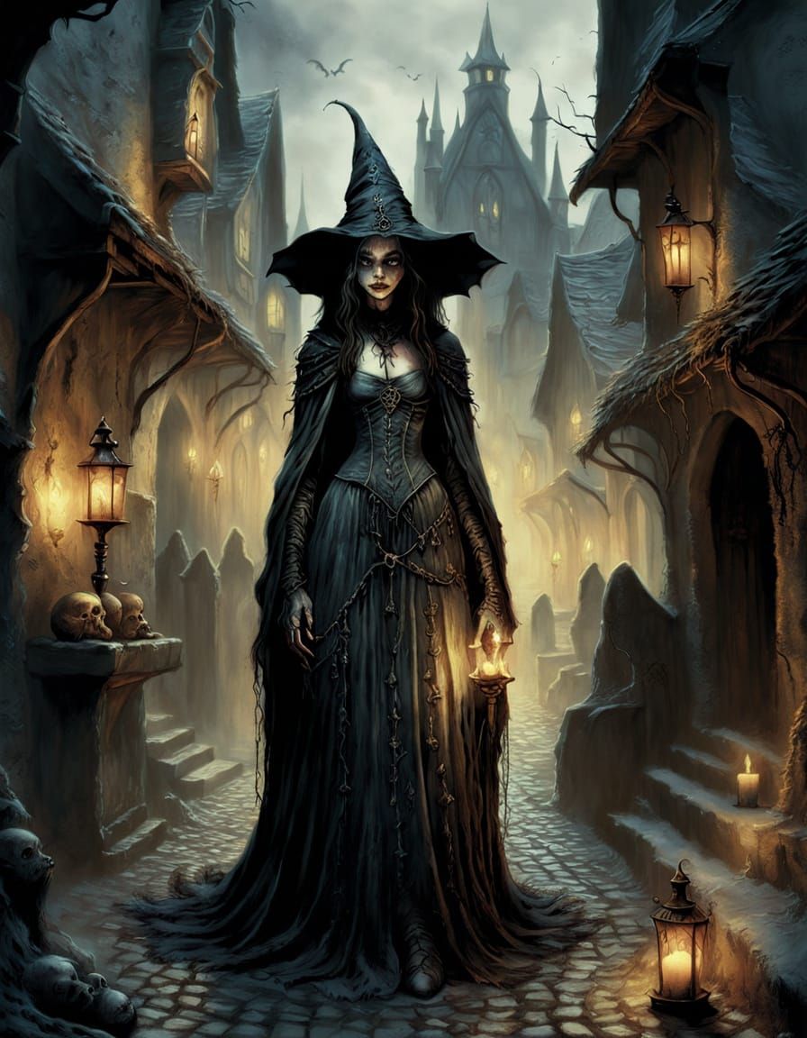 Dark Fantasy Necromancer in Gothic Medieval Street